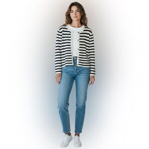 JCrew blue & white strip Lady sweater cardigan gold buttons L